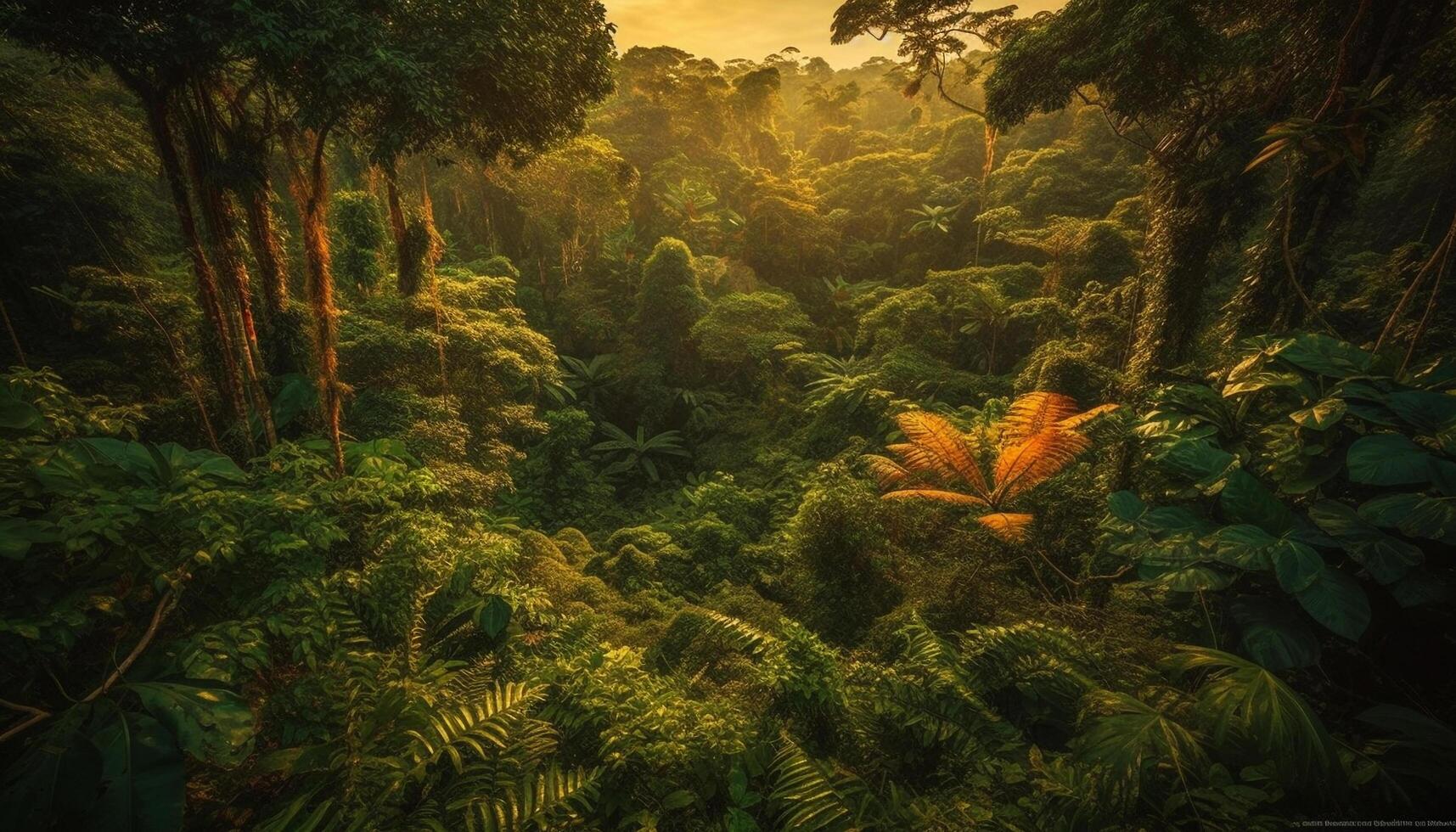 Vibrant foliage in tropical rainforest at dawn generated by AI photo