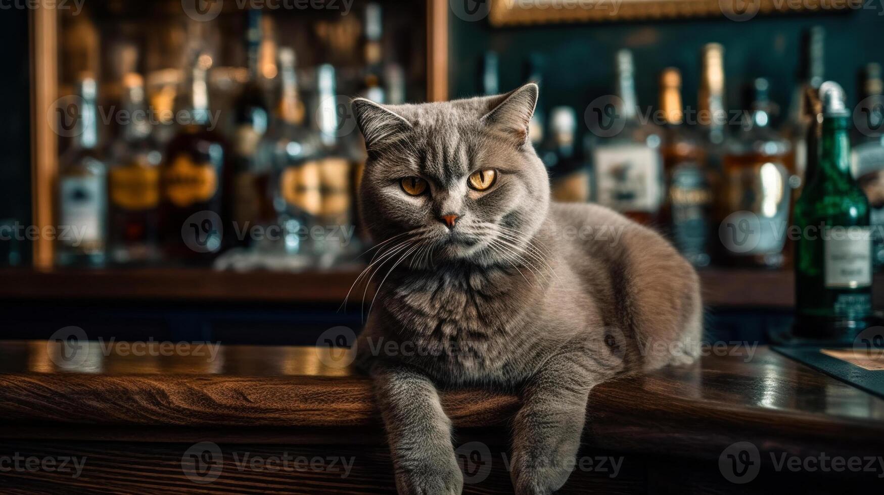 Grumpy old scottish cat close-up on a wooden counter in an old bar, pet care. . photo