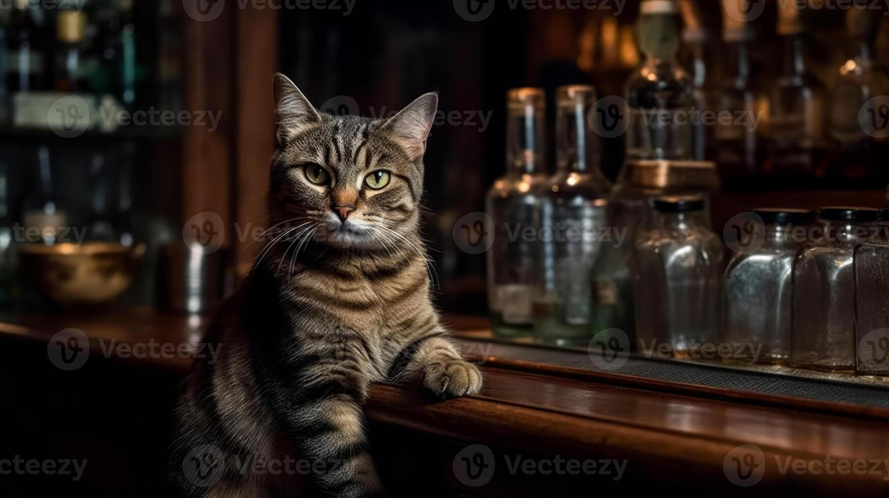 An adult angry cat looks into the frame, a close-up on an animal on a wooden counter in an old bar, rest at the end of the working day. . photo