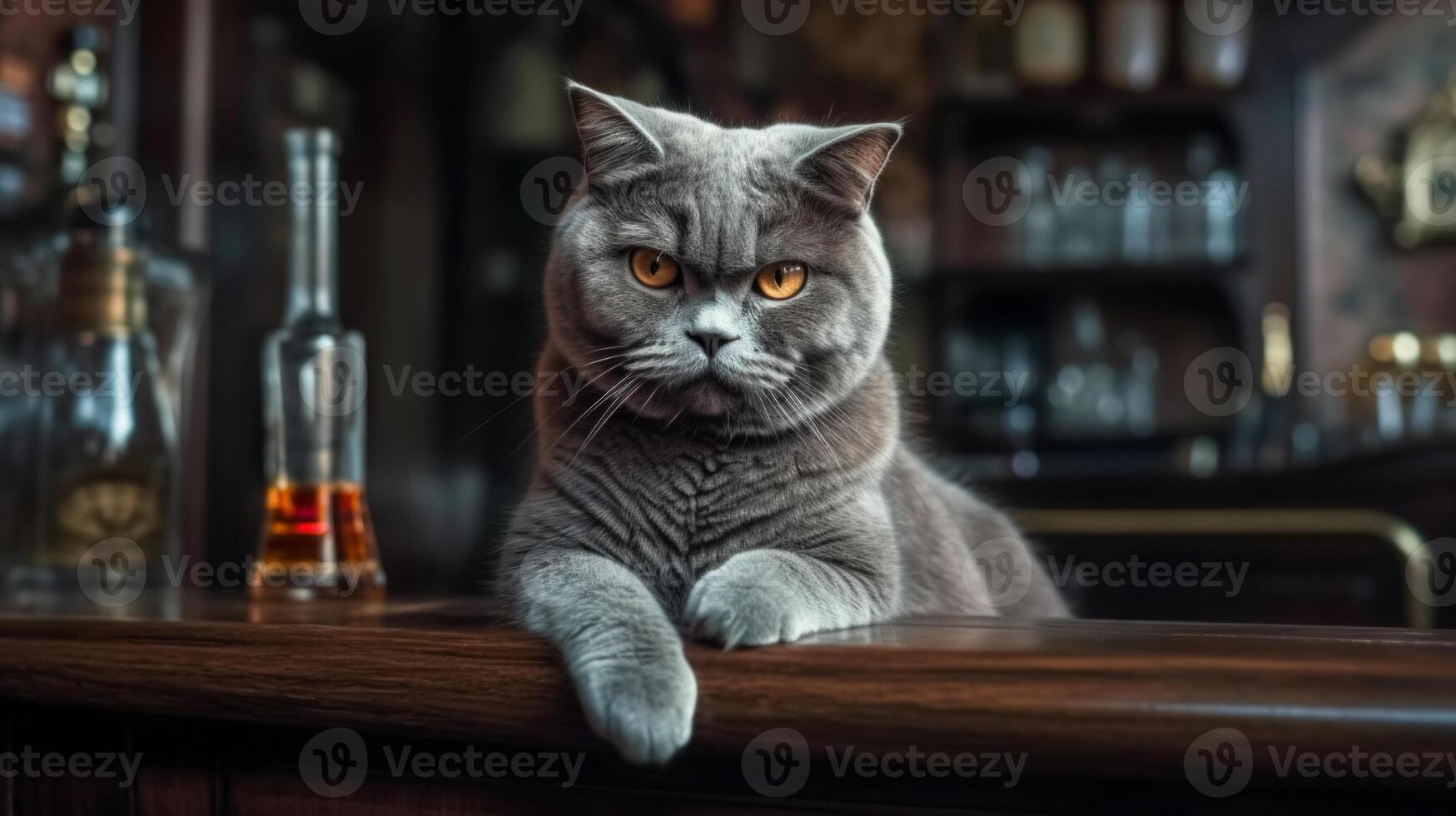 An adult angry cat looks into the frame, a close-up on an animal on a wooden counter in an old bar next to a glass of whiskey, rest at the end of the working day. . photo