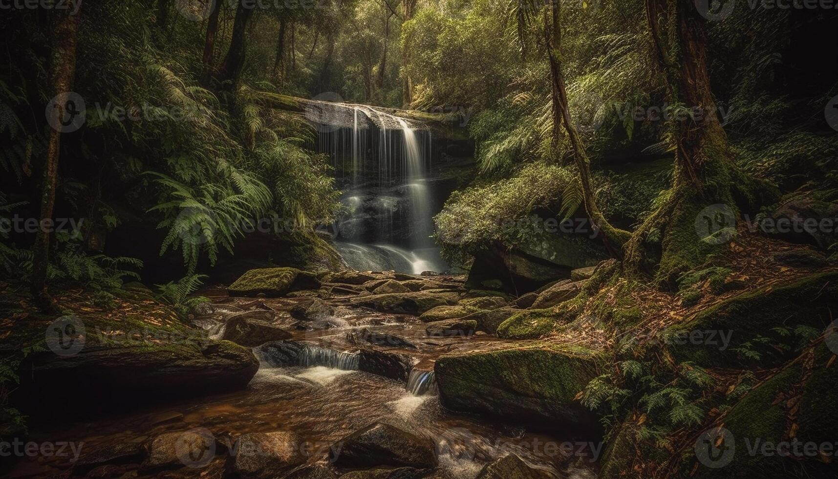 Tranquil scene of flowing water in forest generated by AI photo