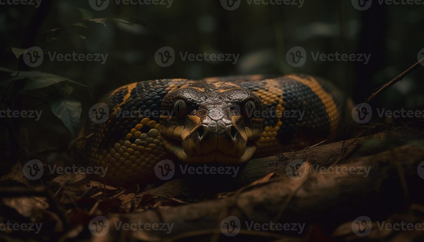 escalofriante víbora en oscuro bosque, peligro adelante generado por ai foto