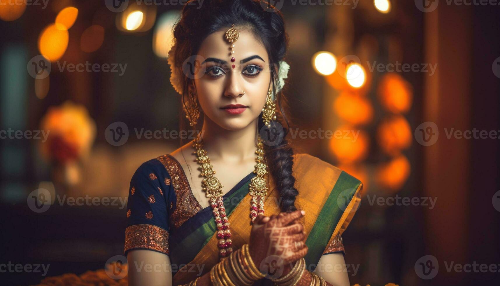 un hermosa indio mujer vistiendo un tradicional sari. generado por ai  30899765 Foto de stock en Vecteezy