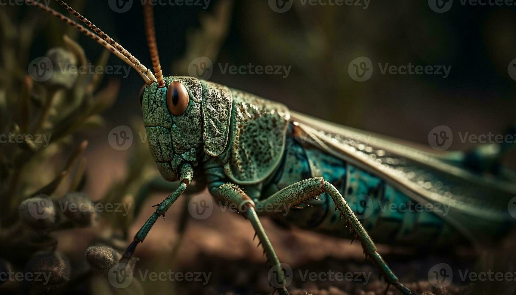 Green locust on leaf, magnified in nature generated by AI photo