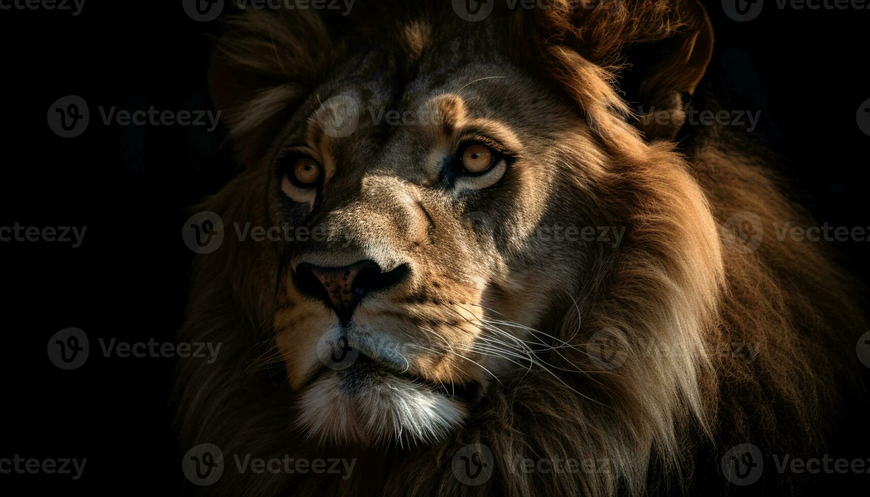 Majestic lion staring, strength in nature beauty generated by AI photo