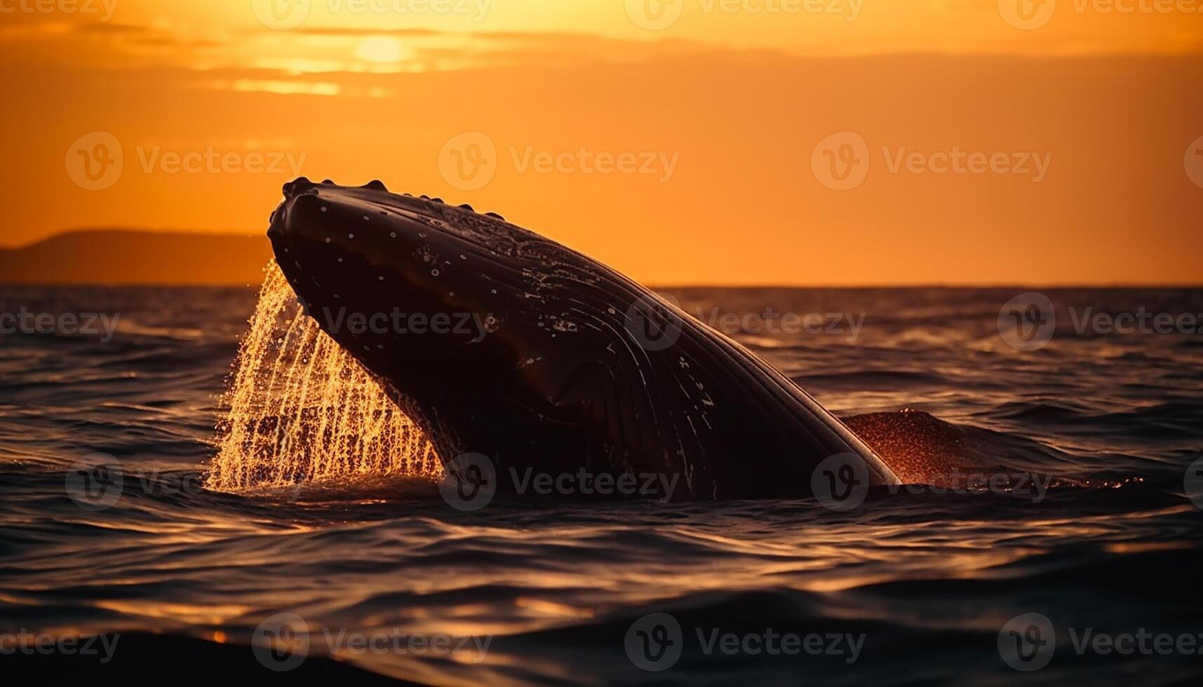 Humpback whale splashing in tranquil sunset waters generated by AI photo