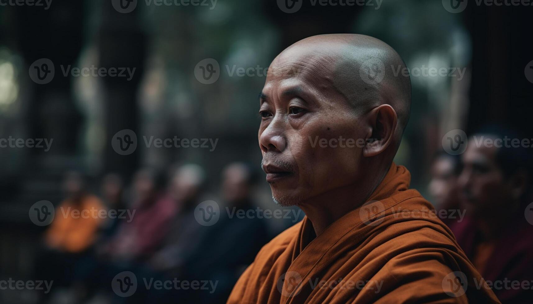 Buddhist monk meditating outdoors in famous city generated by AI photo