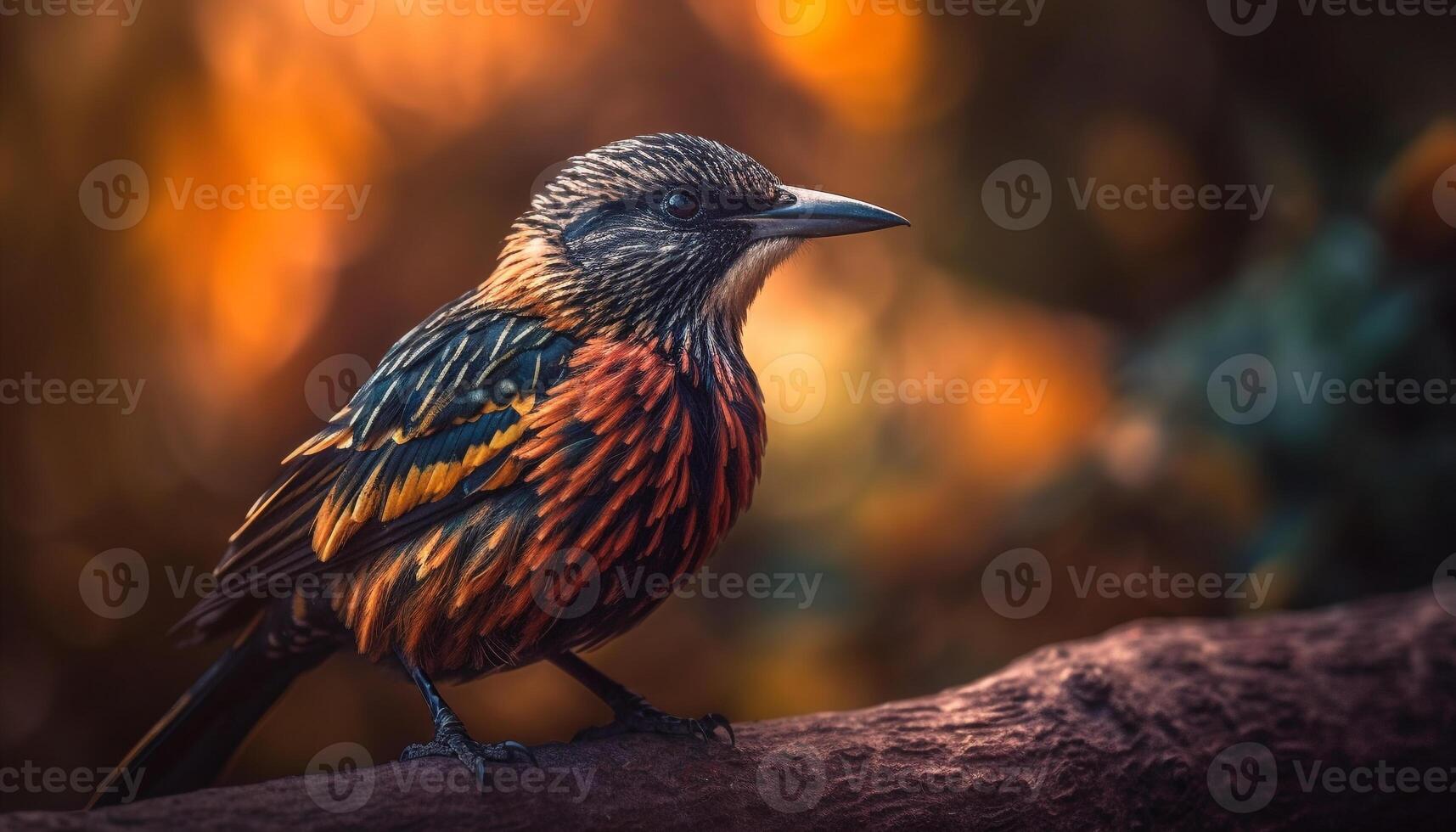 Multi colored starling perched on branch, watching generated by AI photo