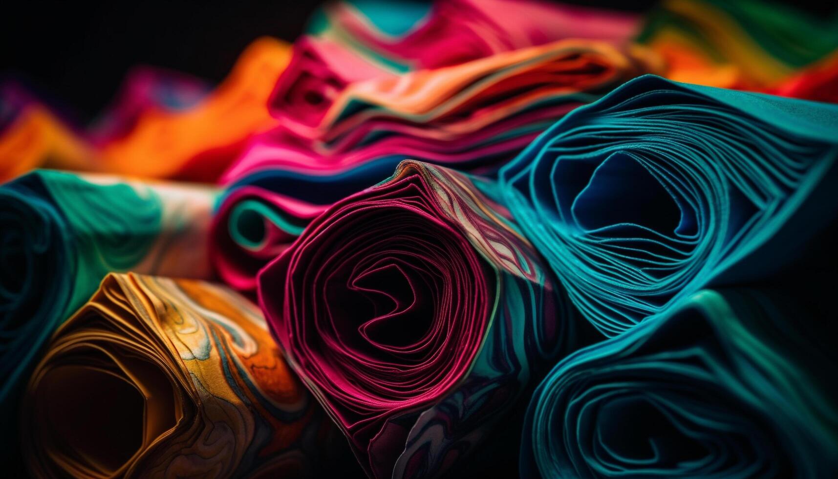 Vibrant silk textiles in a colorful heap generated by AI photo