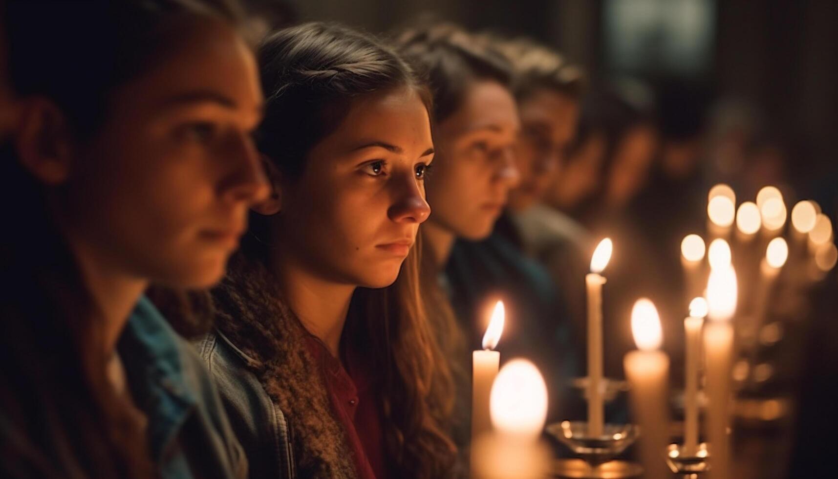 joven adultos meditando, participación velas, hallazgo paz generado por ai foto