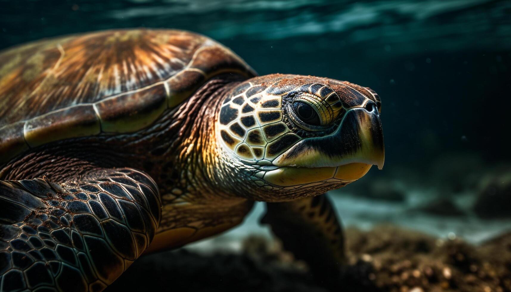 cerca arriba de en peligro de extinción mar Tortuga nadando submarino generado por ai foto