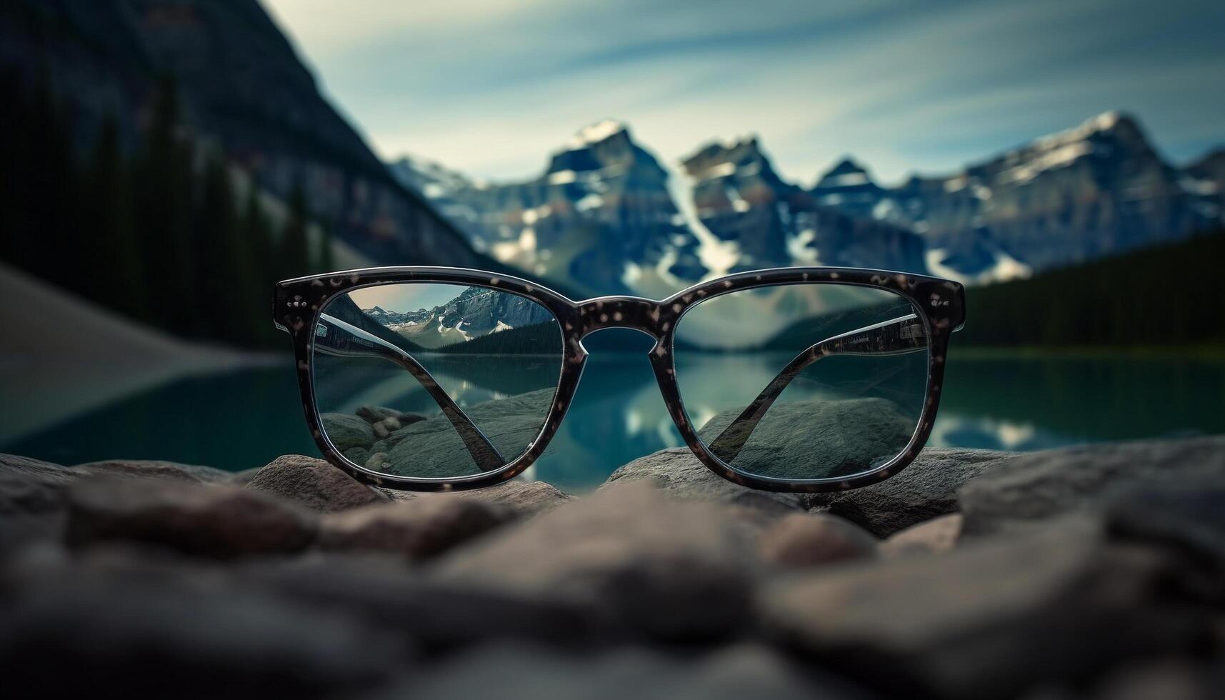 Men sunglasses reflect mountain peak during sunset adventure generated by AI photo