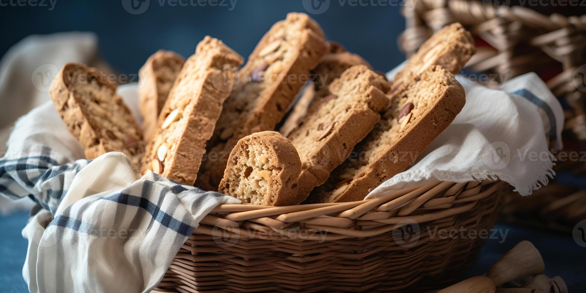 Crispy keto dessert Biscotti cookies without sugar in a basket on the table, homemade sugar free pastries on the keto diet, the idea of conscious food consumption, gluten free food, photo