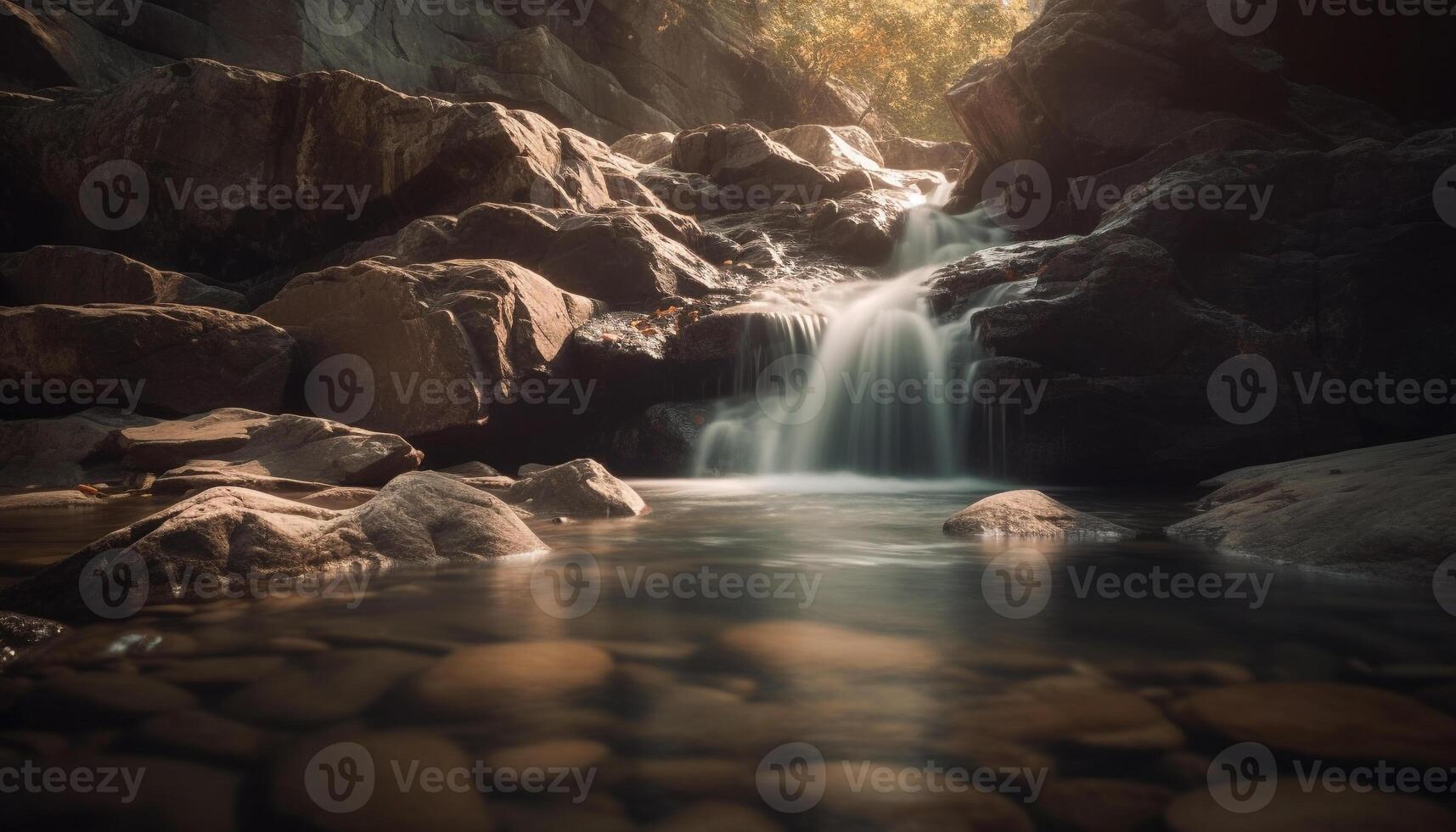 Flowing water, smooth stone, tranquil forest scene generated by AI photo