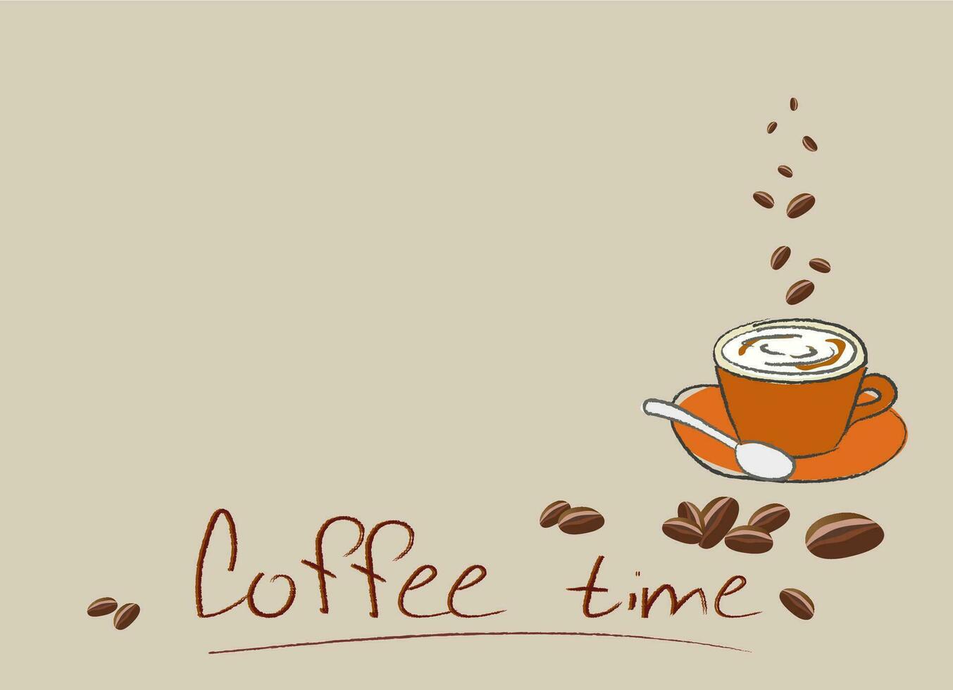 Relax coffee time banner ads, illustration brown cup in top view, engraving style background, lettering, Coffee beans vector