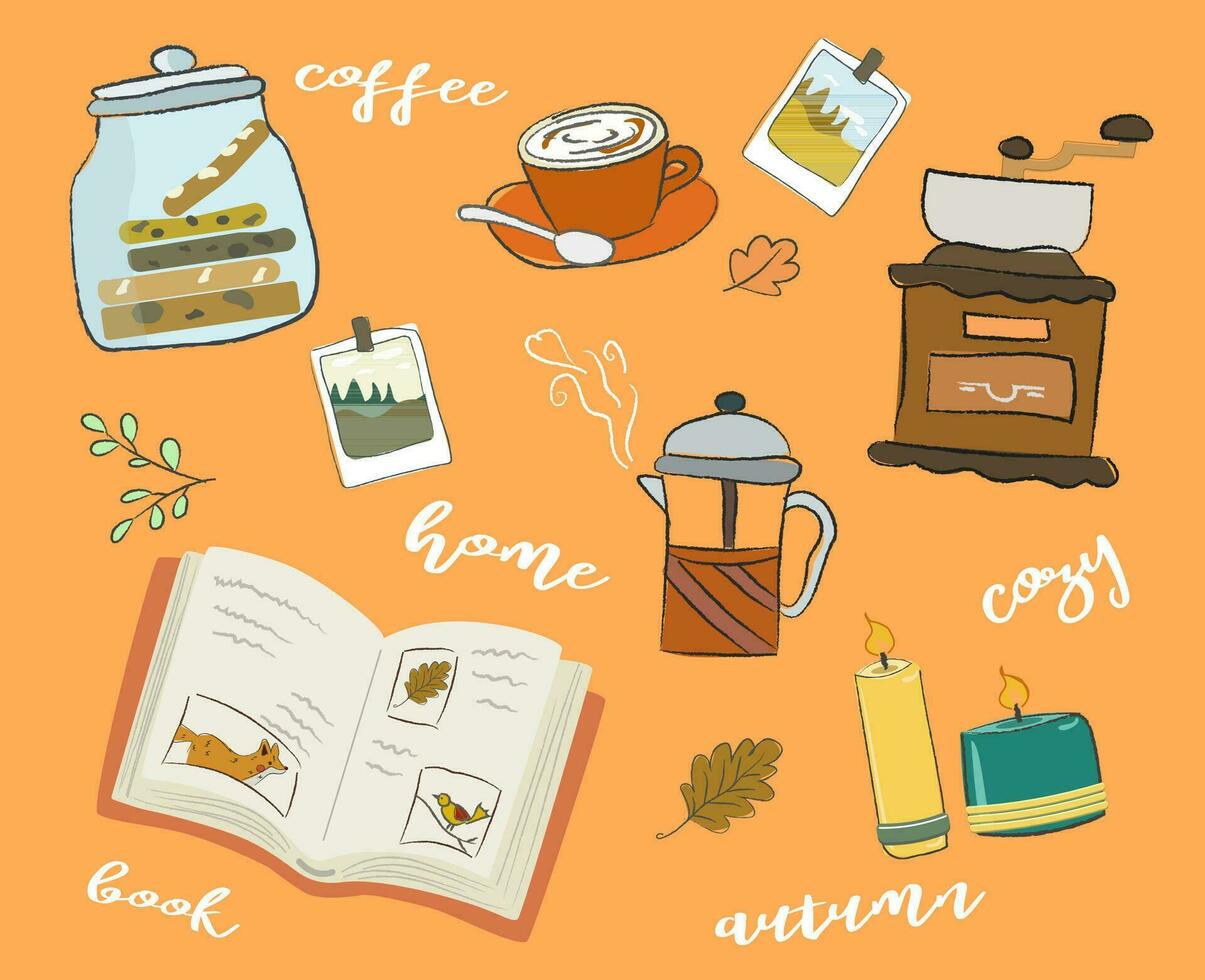 acogedor otoño ilustración, un café amoladora con un capuchino taza, un tetera con café, fotografias con un paisaje, un libro con ilustraciones, galletas en un tarro y velas vector