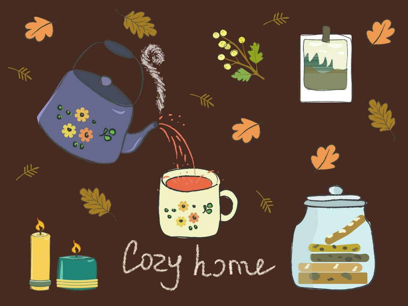 Cozy illustration, Comfort and warmth, tea drinking, time to drink tea in the fall, twice for comfort, cookies in a jar, tea time vector