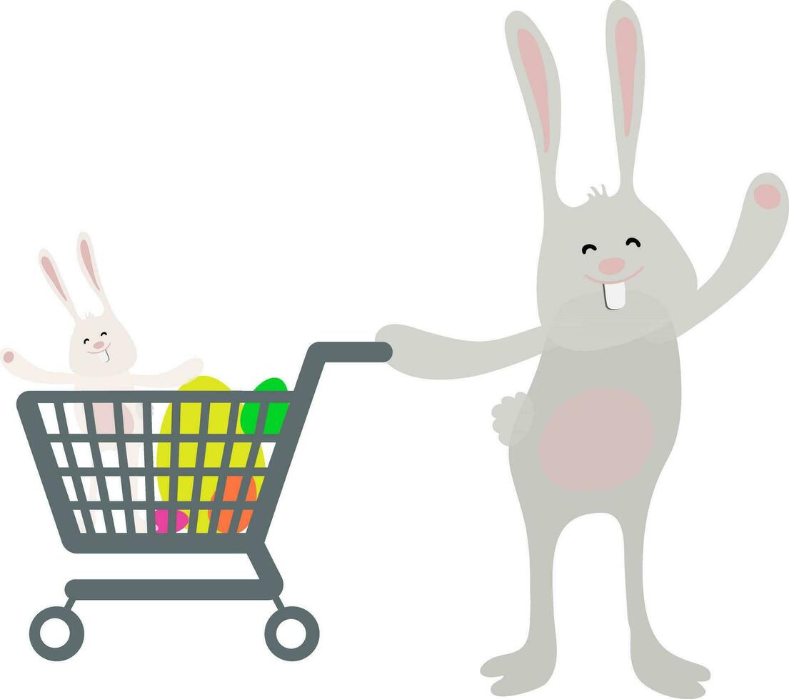 Easter bunny holding shopping cart with colorful eggs. vector