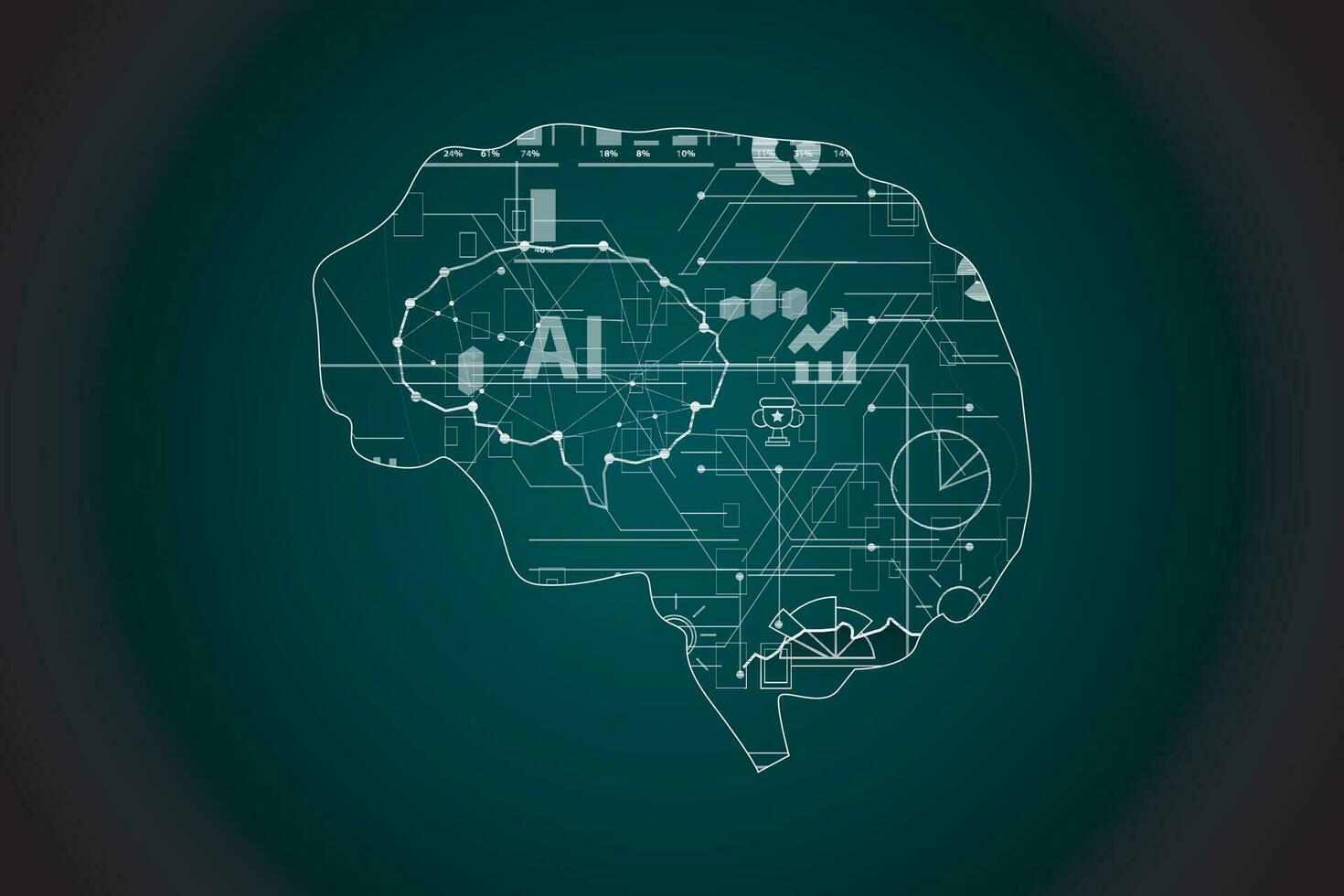 Abstract polygonal human brain. Low poly wire frame vector illustration on a dark background suitable for visualization of artificial intelligence technology