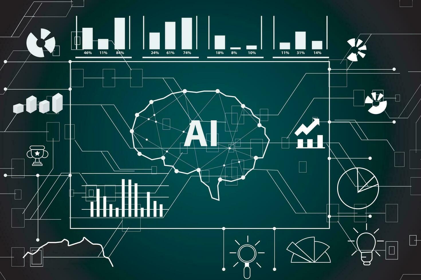 Abstract polygonal human brain. Low poly wire frame vector illustration on a dark background suitable for visualization of artificial intelligence technology