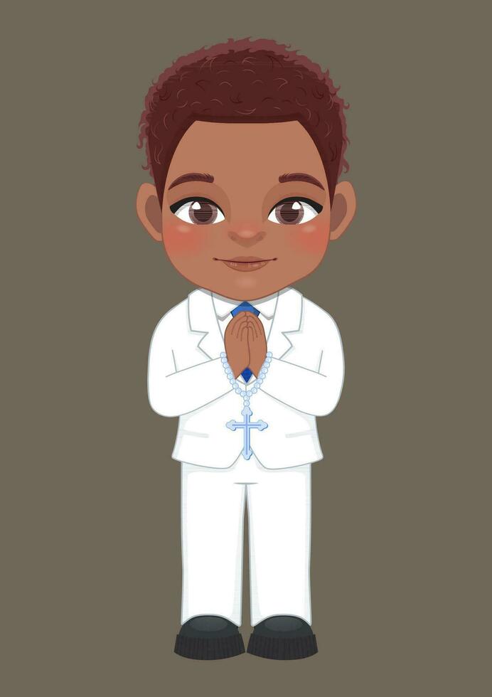 First communion concept with American African boy praying has a rosary in his hand and standing on brown background vector