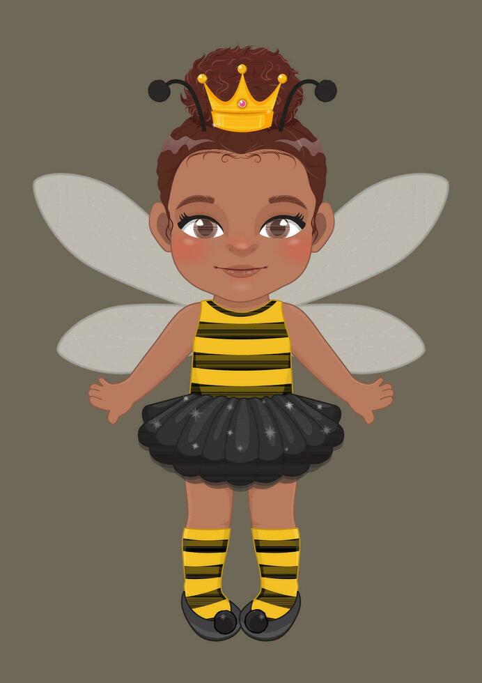 Vector illustration of American African girl in a bee costume. Flat icon style