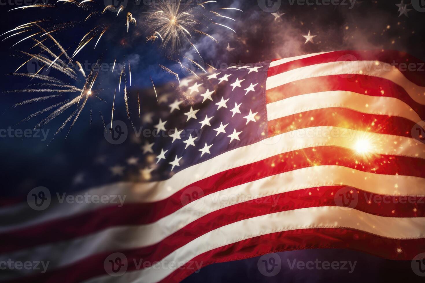 American flag with fireworks display background. . photo