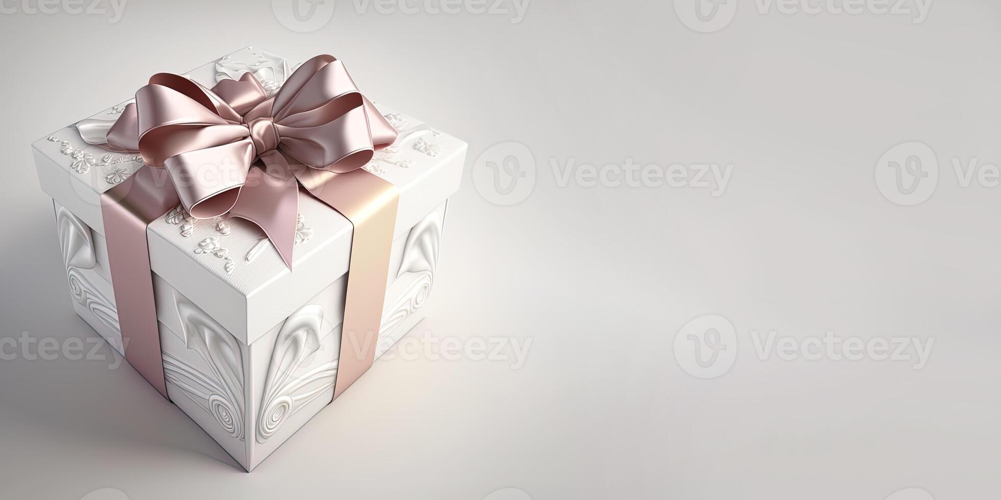 White gift box with cream satin ribbon bow on light background. Box with delicate white patterns. Banner with place for text. . photo