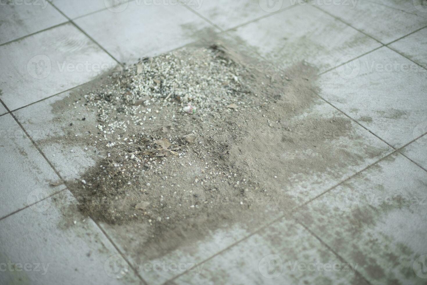 Dust on tiles. Sand cleaning. Swept away garbage. photo
