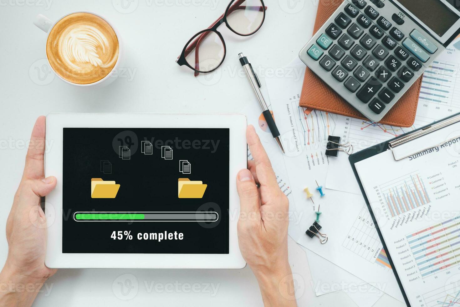 Transfer files data system relocation concept, Person hand using digital tablet waiting for transfer file process with loading bar icon on virtual screen. photo