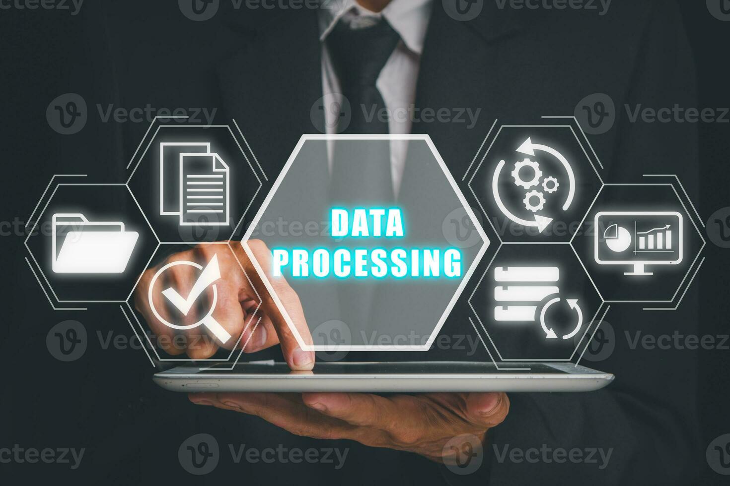 Data processing concept, Person working on tablet with data processing icon on virtual screen. photo