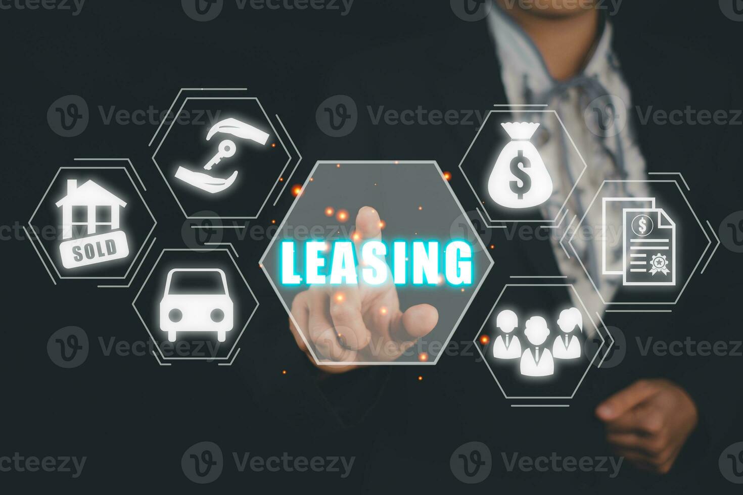 Leasing concept, Business person hand touching leasing icon on virtual screen. photo