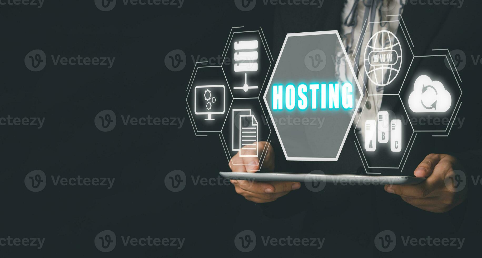 Web hosting concept,  Business person using tablet computer with hosting icon on virtual screen, Internet, business, Technology and network concept. photo