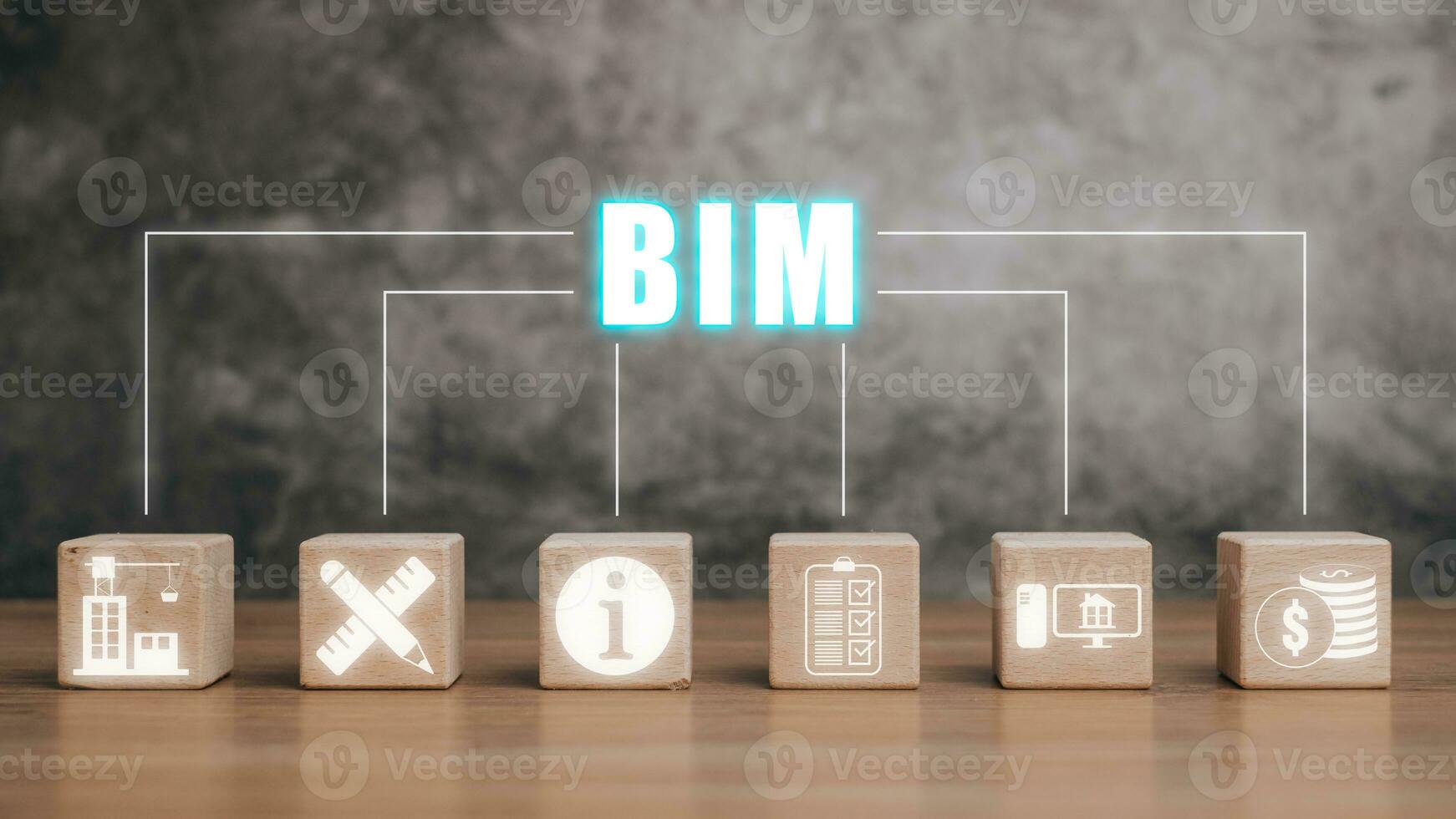 BIM, Building Information Modeling Technology concept, Wooden block on desk with Building Information Modeling icon on vr screen, Industry construction, Architect designer. photo