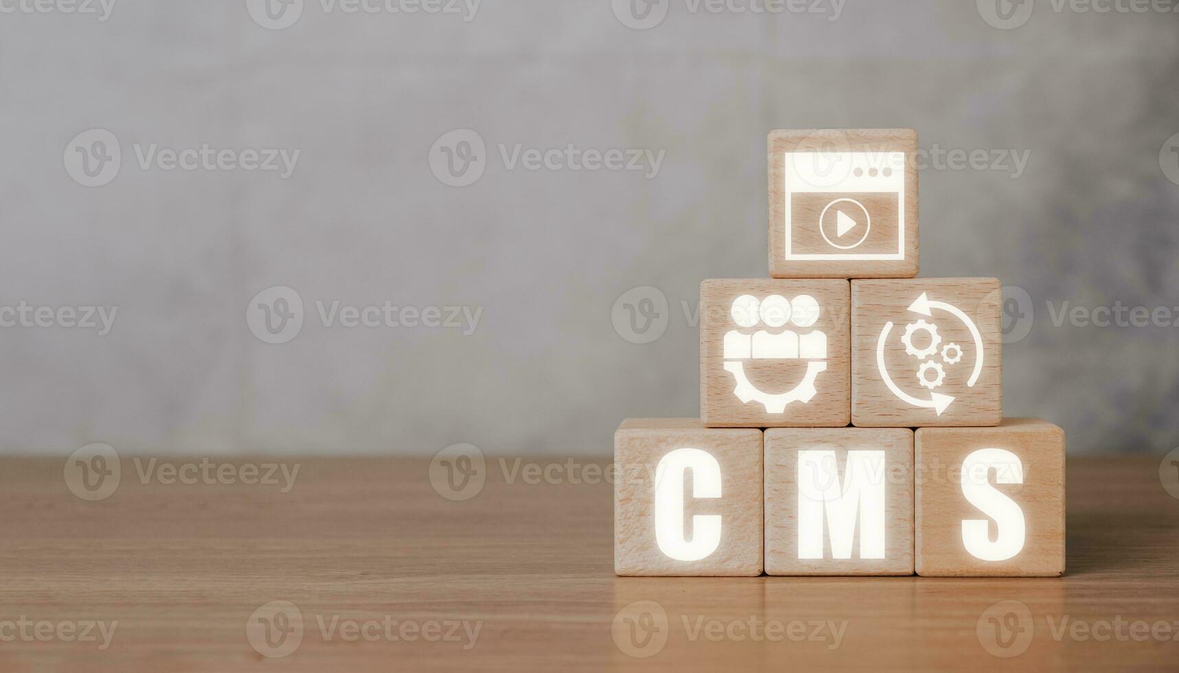 CMS, Content management system concept, Wooden block with Content management system icon on virtual screen background, business web computer website administration. photo