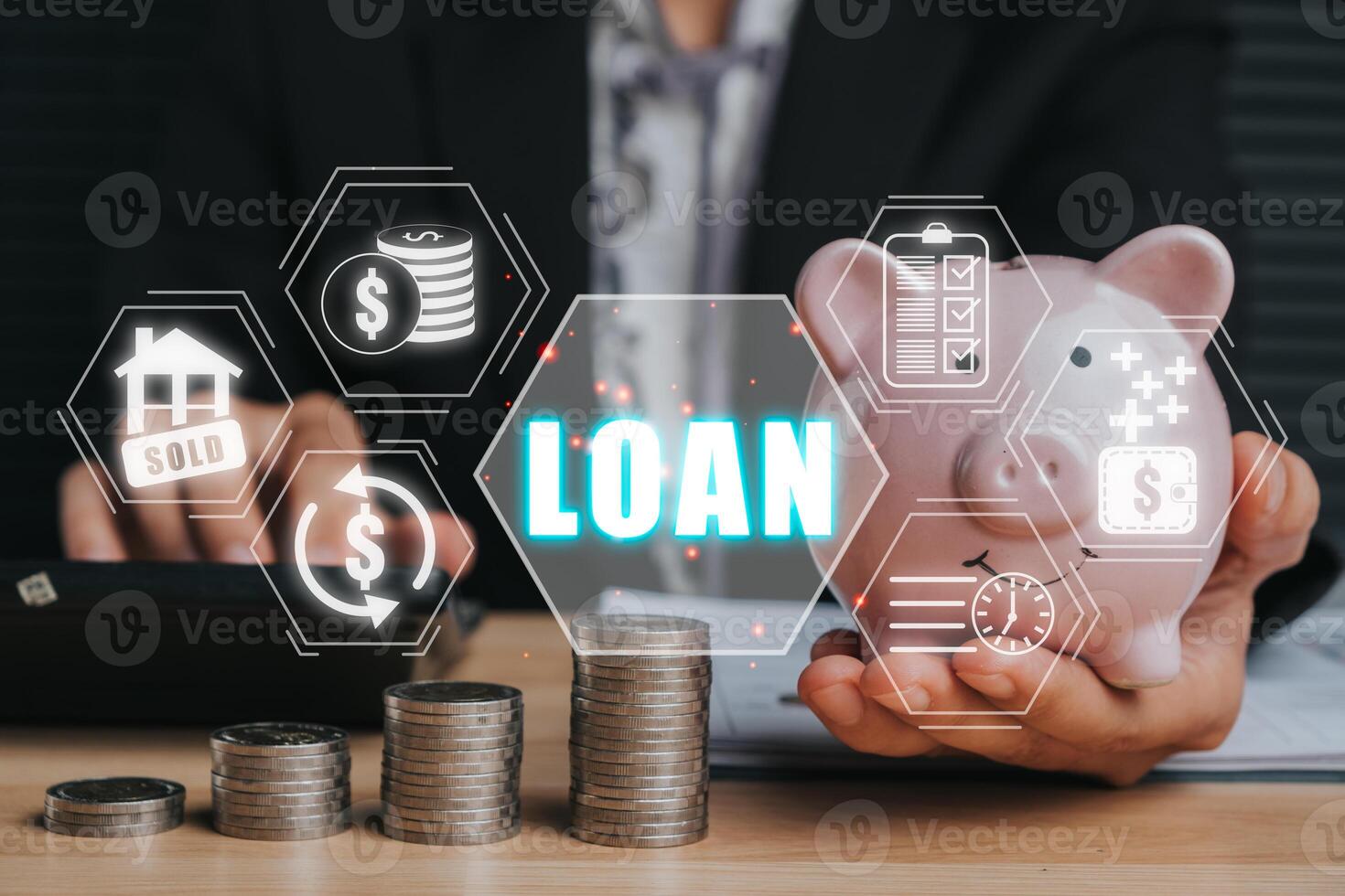 Loan or lending cash to buy asset concept, Business woman hand holding piggy bank with Loan or lending cash icon on virtual screen. photo