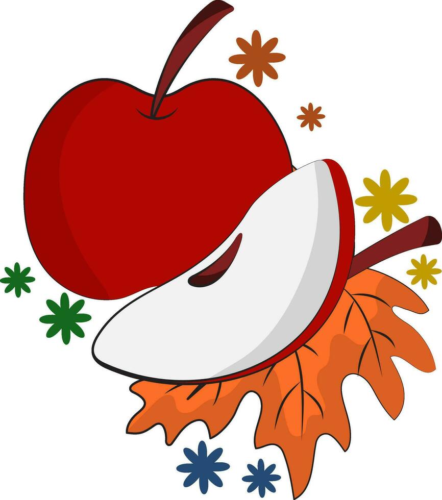 Apple With Slice And Maple Leaf, Flowers On White Background. vector