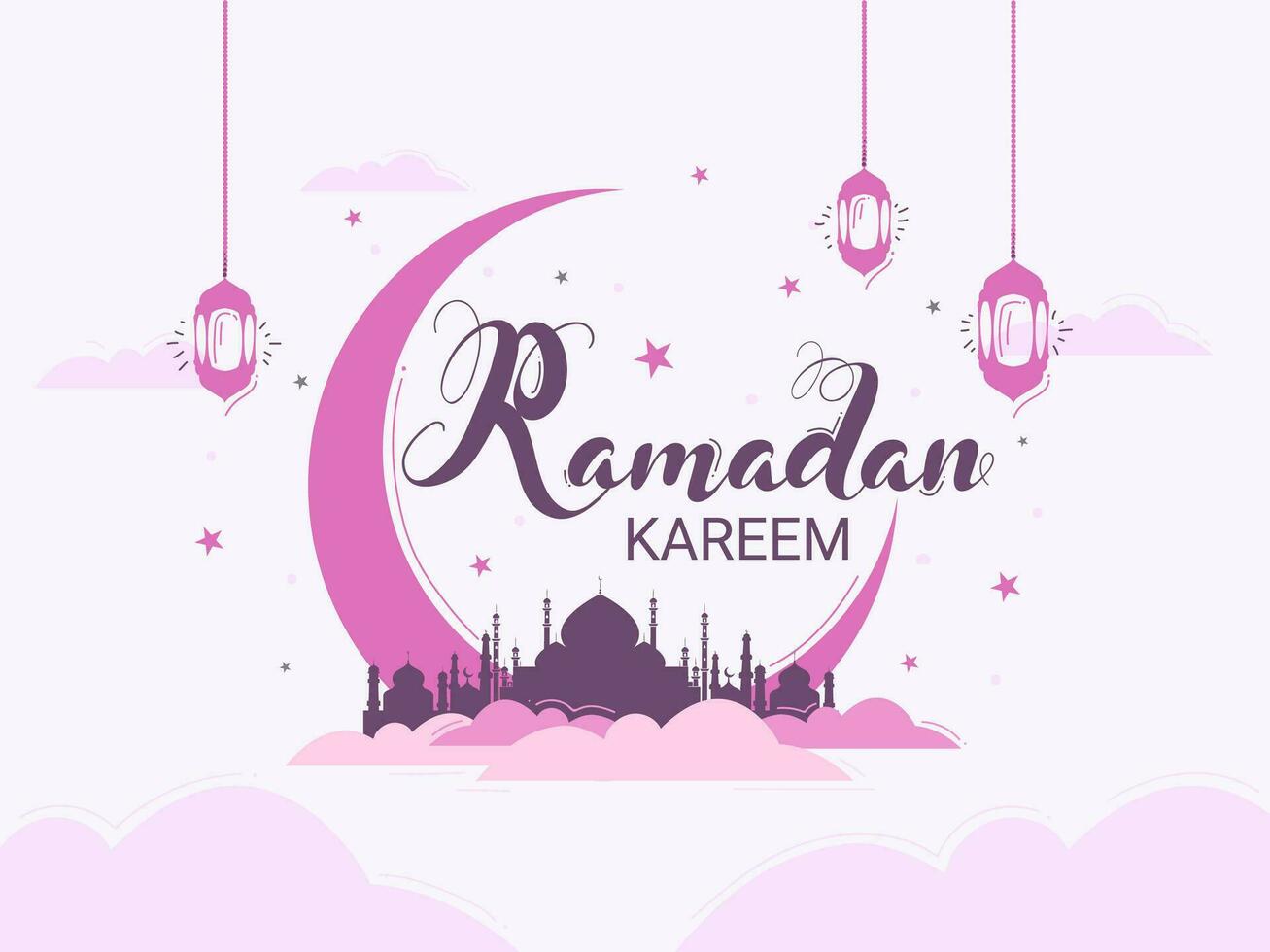 Ramadan Kareem Font with Crescent Moon, Mosque and Hanging Lanterns. vector