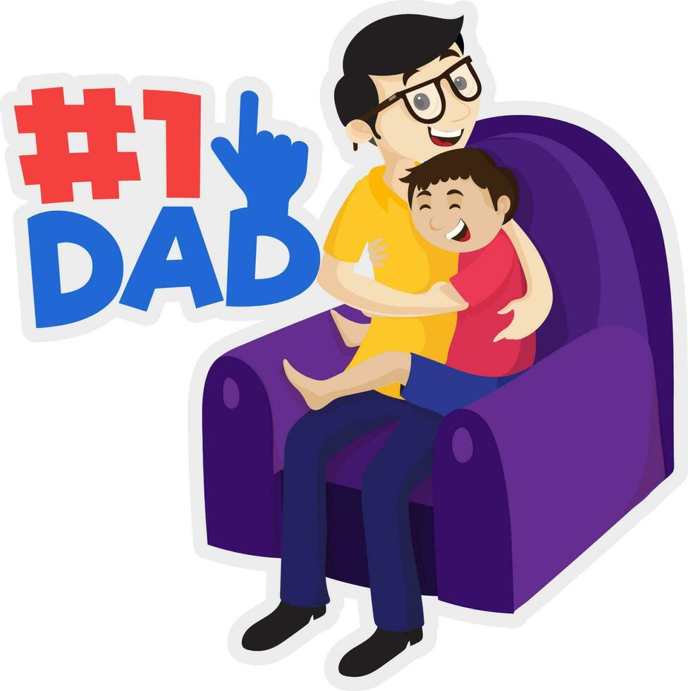 Banner or Template design paper art text hashtag 1 Dad and happy father sitting on purple armchair, lifted his son. vector