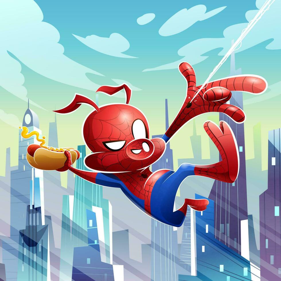 Pig Hero in Spider Suit Web Swinging in The City Holding a Hot Dog Concept vector
