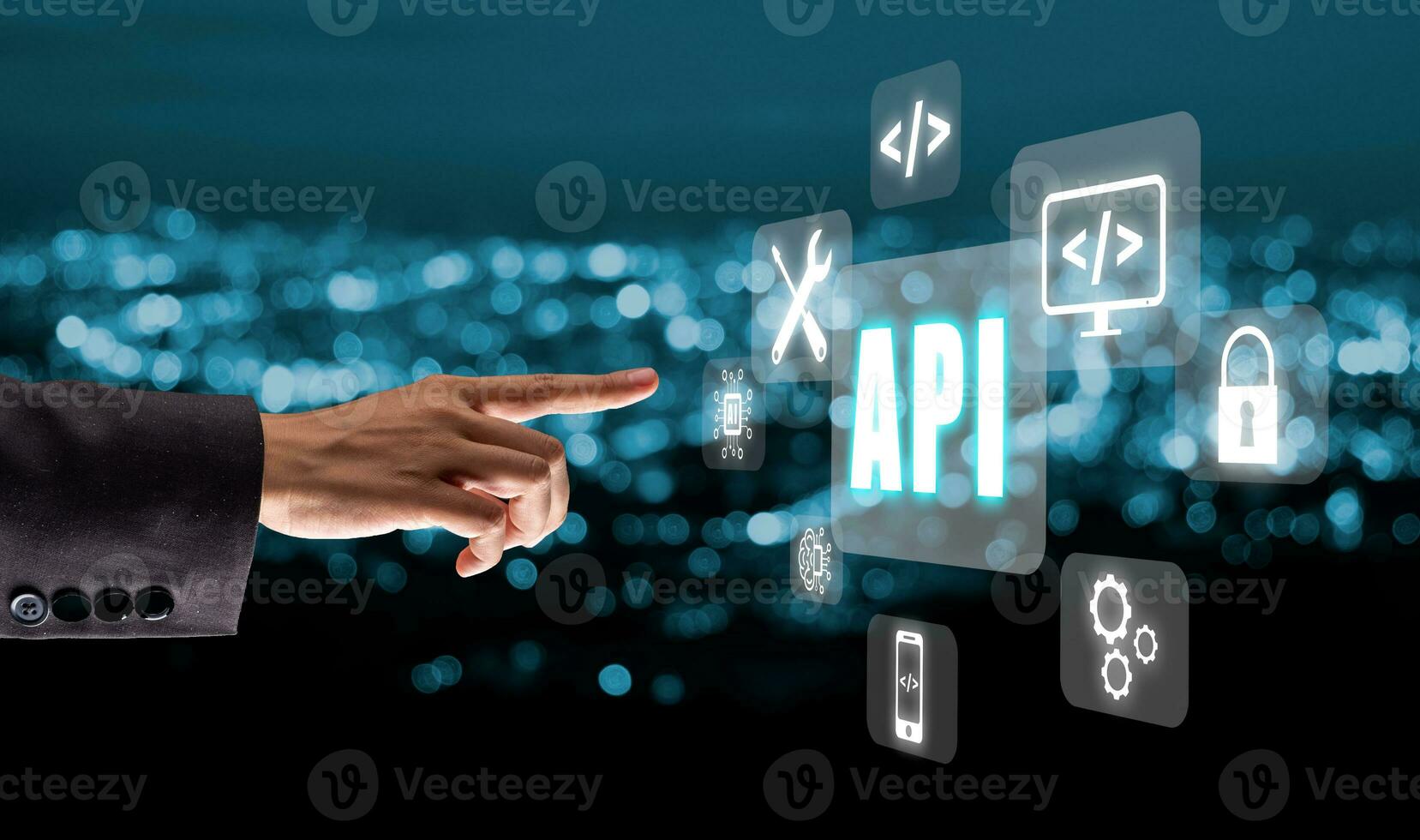 API - Application Programming Interface, Man presses button on touch screen interface and select API icon, Software development tool, modern technology, internet and networking concept. photo