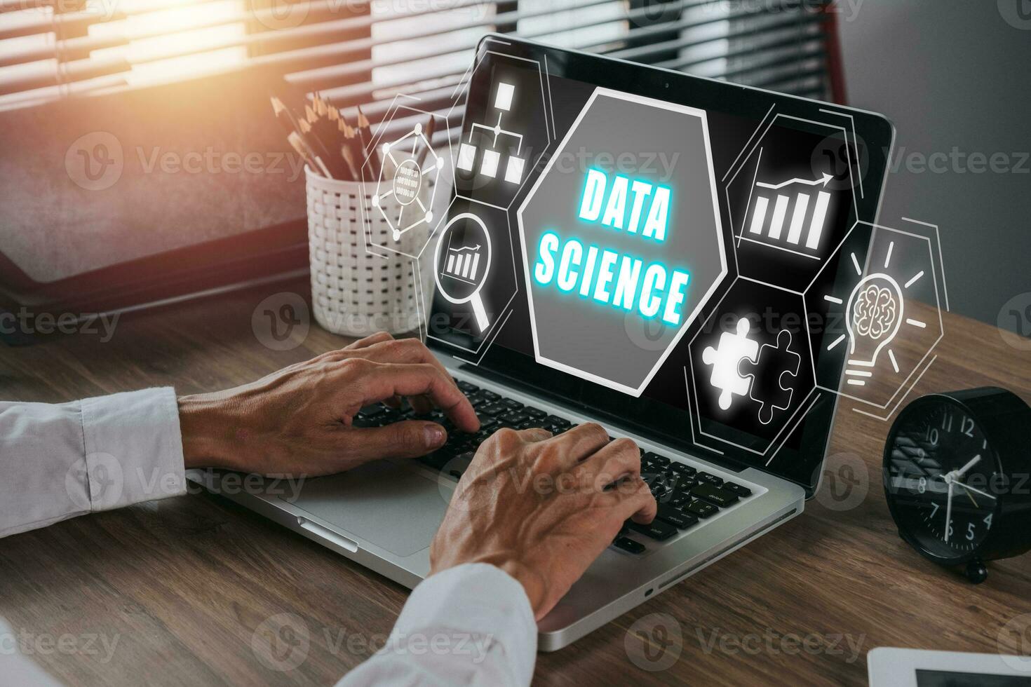 Data science and deep learning. Artificial intelligence, Analysis, Business person using laptop on desk with Data science icon on virtual screen. photo