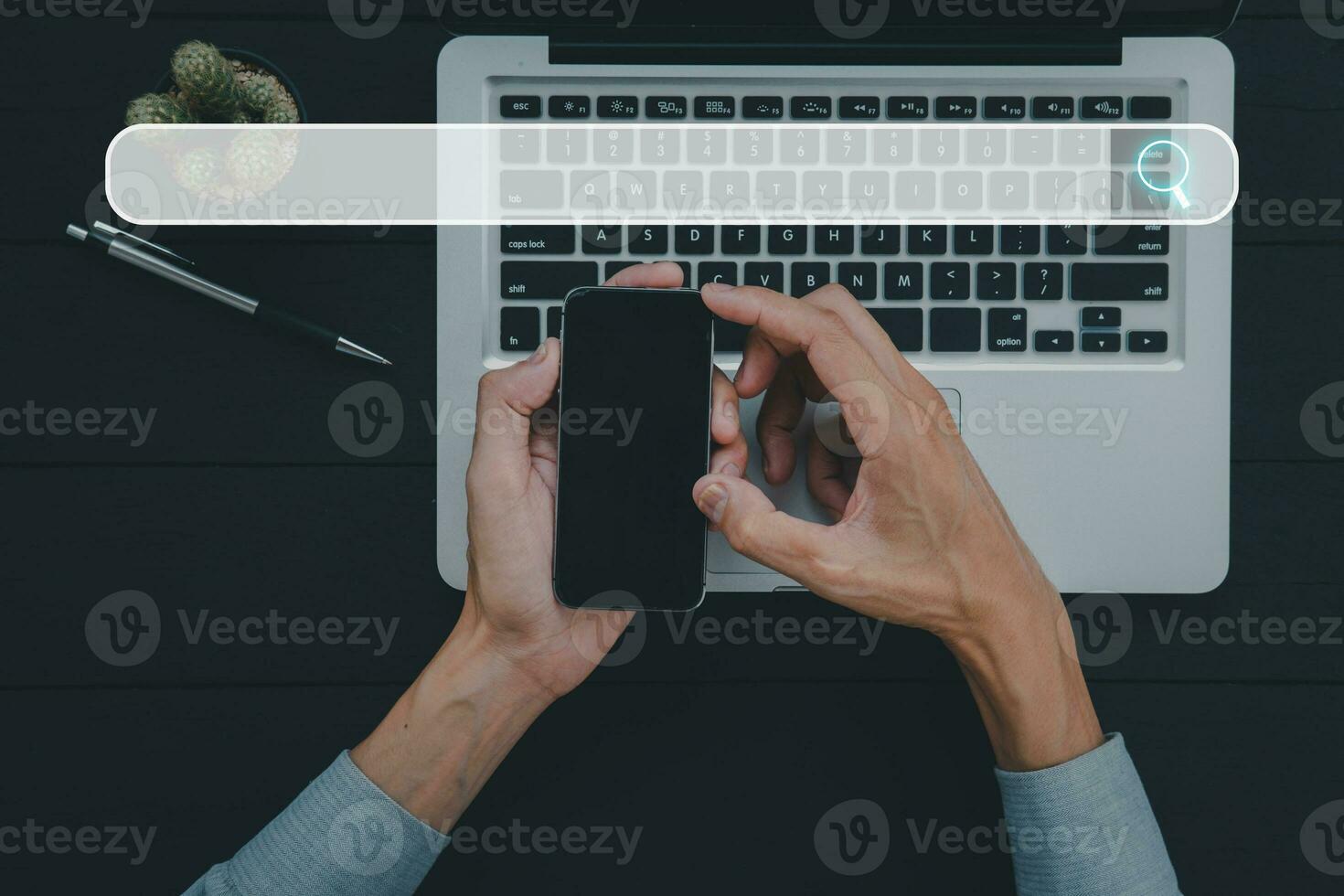 Searching browsing internet data information networking concept, Top view businessman using smart phone on office desk. photo