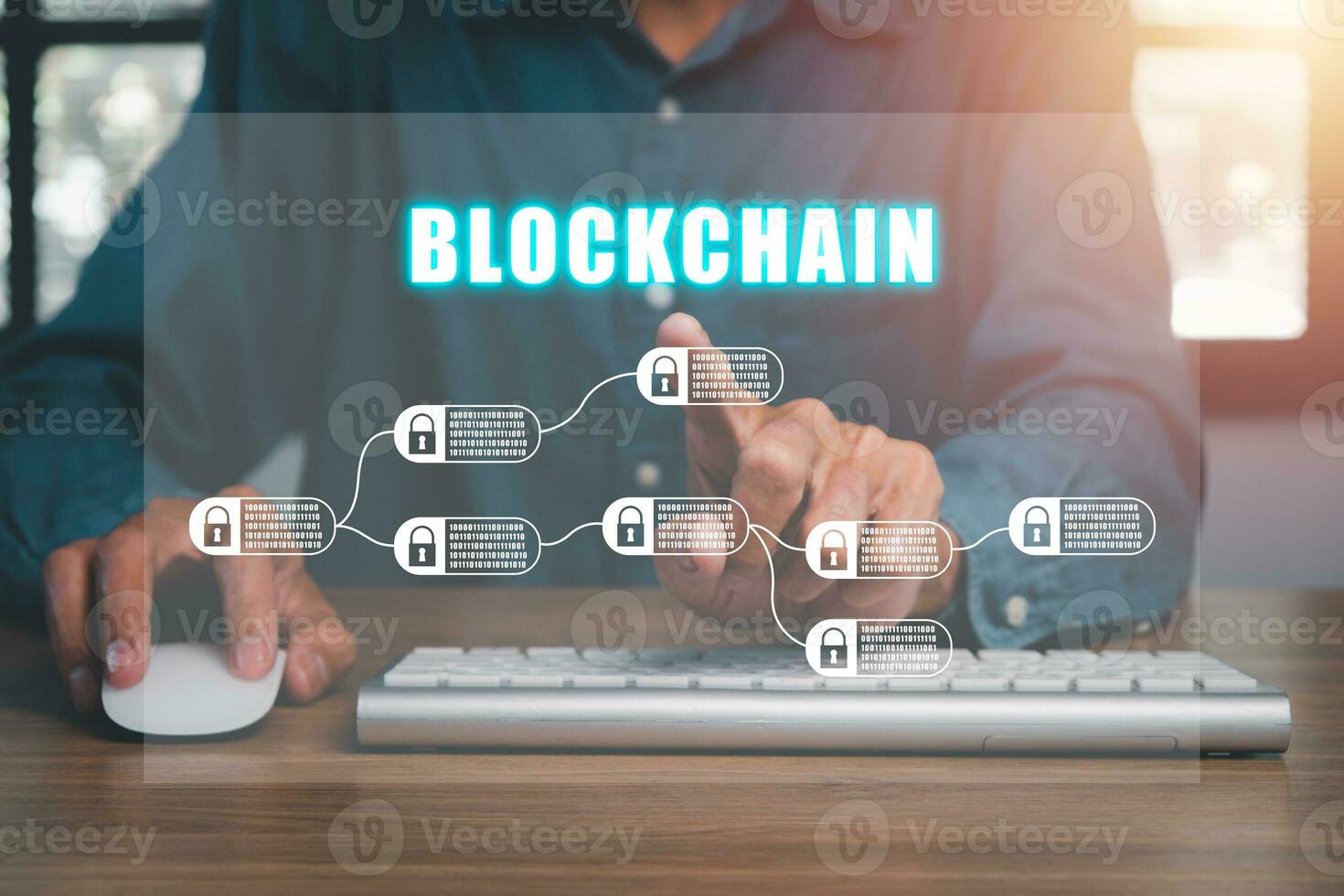 Blockchain technology concept, Man typing on keyboard with blockchain icon on vr screen, Fintech concept with encrypted ledger blocks chained. photo