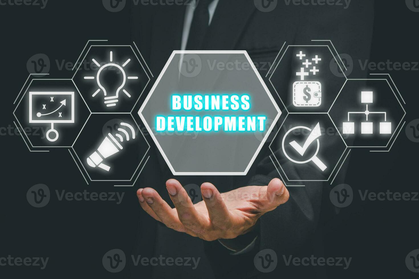 Business development concept, Business person hand holding business development icon on virtual screen. photo