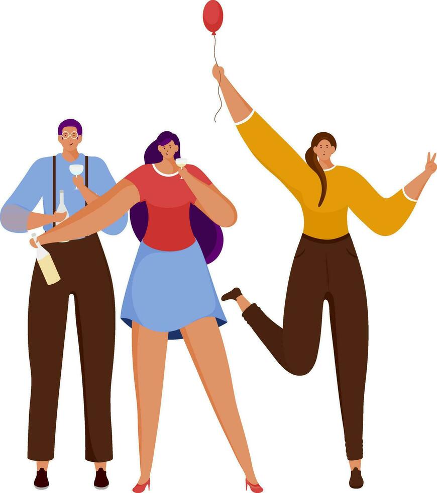 Cartoon Young People Having Fun Together With Champagne Bottle, Balloon In Party. vector