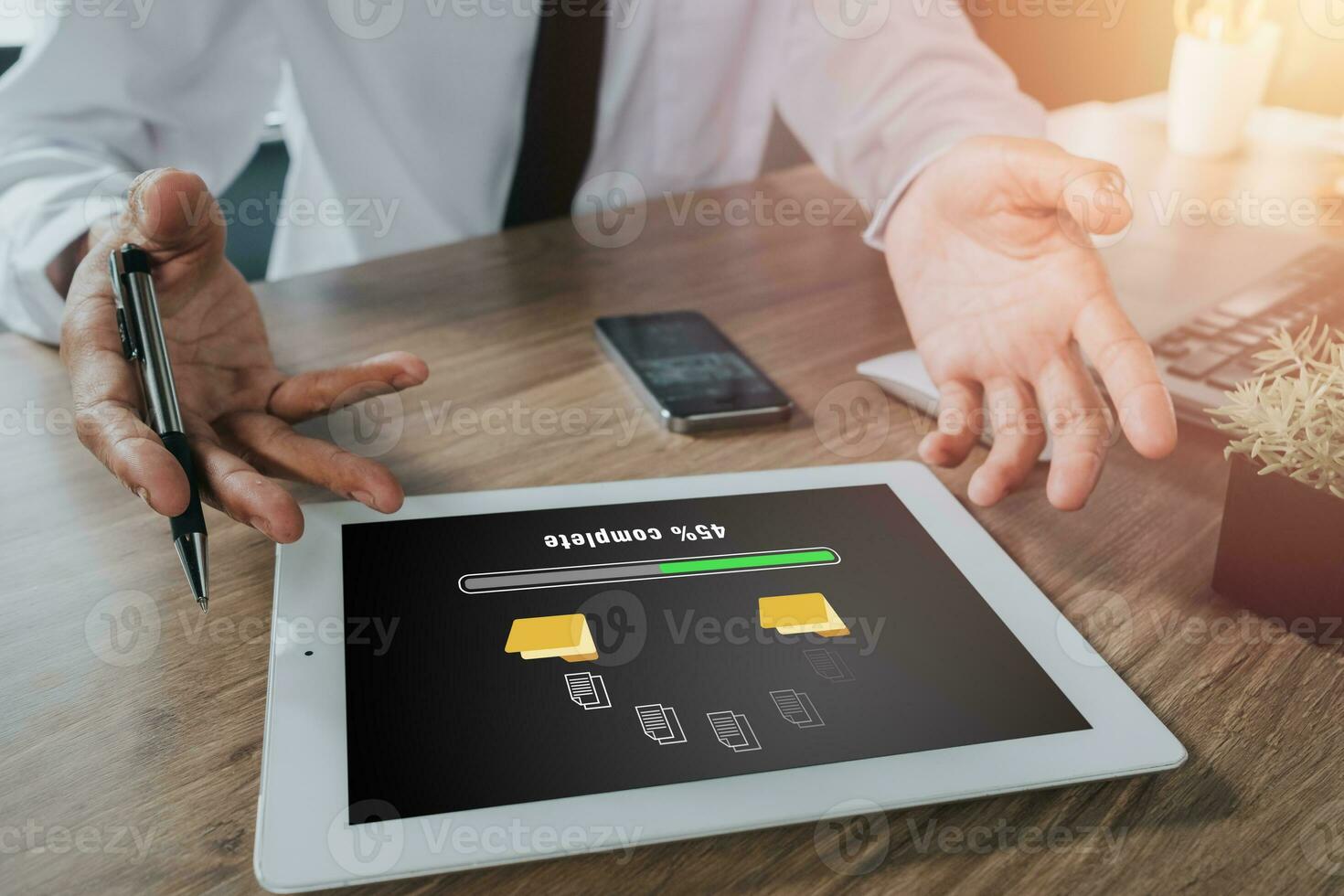 Transfer files data system relocation concept, Person hand using digital tablet waiting for transfer file process with loading bar icon on virtual screen. photo