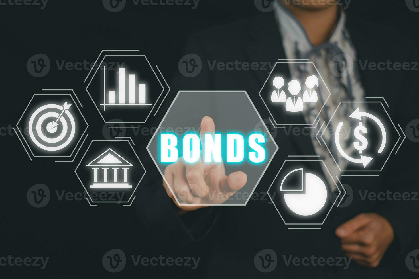 Bond Finance Banking Technology concept, Business person hand touching bond icon on virtual screen, Trade Market Network photo