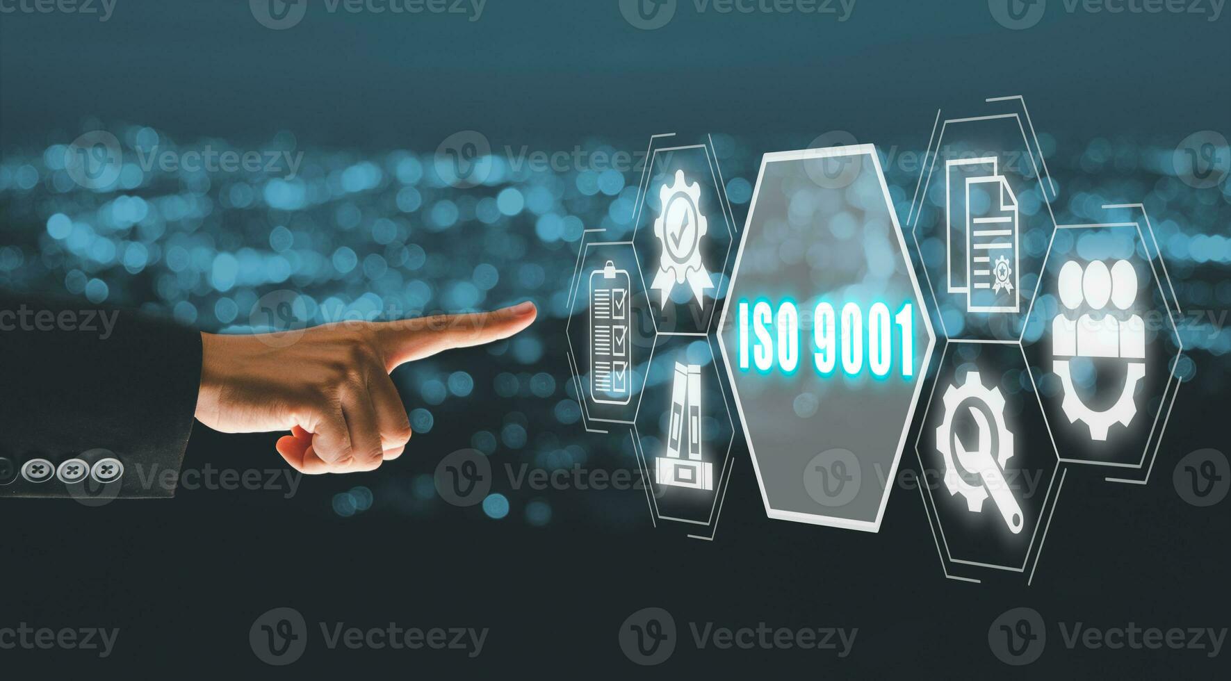 ISO 9001 concept, Business person hand touching iso 9001 icon on virtual screen with blue bokeh background. photo
