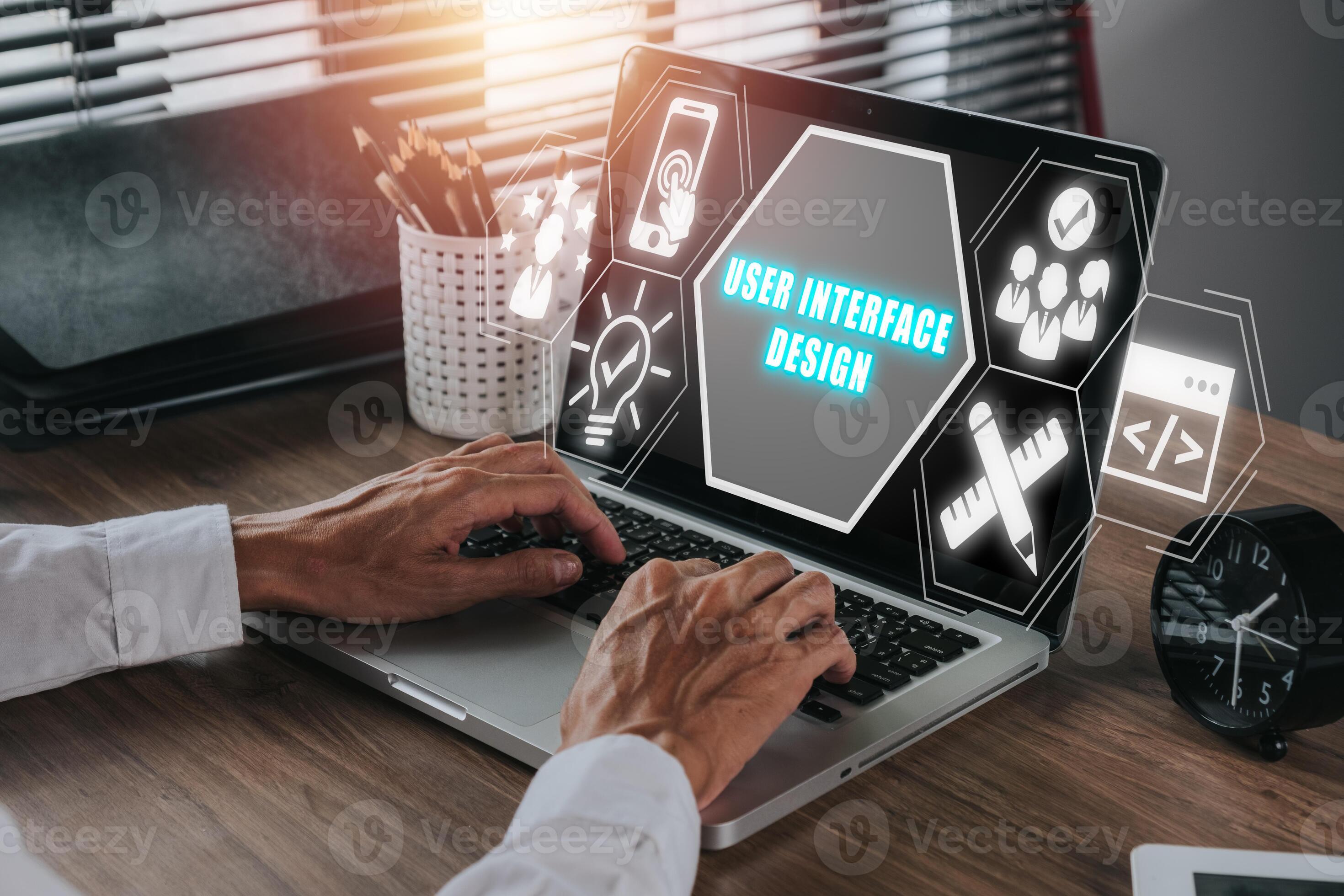 User interface design concept, Person using laptop computer with user ...